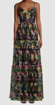 $351 Aidan By Aidan Mattox Women's Black V-Neck Tiered Lace Maxi Dress Size 0