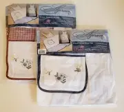 Vtg Elegant Embroidered Apron Set Of 2 NOS NIP Blue And White & Red And White