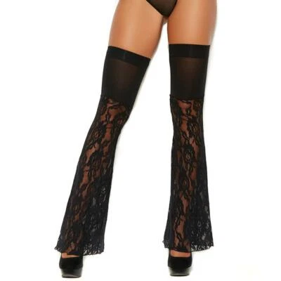 Flared Lace Leg Warmers Thigh High Bell Bottom Style Sheer Floral Black 82271