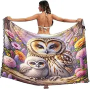 [RPLIFE] Owls Flower Garden Swimsuit Coverup Women Sarong, Tassel Beach Sarong for Summer Beach/pool, Large, Owls Flower Garden, Medium