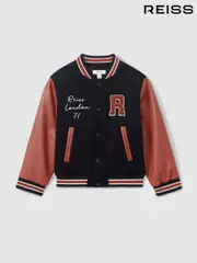 Reiss Navy Ward 13-14 yrs Hybrid Cord-Faux Leather Varsity Bomber Jacket (B79979) | $195