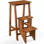 Costway 3-Tier Folding Step Stool Ladder Storage Shelf 30"H Rubber Wood Brown