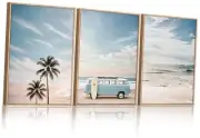 Large Ocean Beach Framed Canvas Wall Art Set, Bus and Palm Tree Wall Decor,