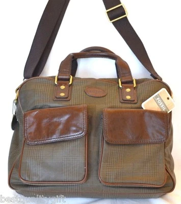 NEW FOSSIL GREEN PLAID+BROWN LEATHER TRANSIT WORK BRIEFCASE,CROSSBODY,BAG
