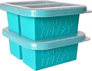 [CURRY FREEZY] 1Cup Silicone Freezer Tray With Stackable Lid (2-Pack)- Compact 2 cavity Soup Cube Freezing Molds, Food Container to Freeze, Store Soup, Sauce, Broth, Leftovers & Meal Prep 2Blue