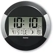 Hama PP-245 Digital Wall Clock with Radio-Controlled Radio Controlled Clock Without Ticking Noises Digital Clock with LCD Display Thermometer Calendar Moon Phase Includes Battery for Hanging or