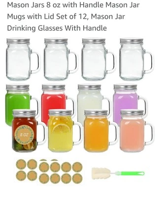 Mason Jars Handle Glass Mugs Sliver Lids 12 Pack 8oz Drinking Jars With Labels