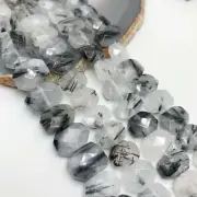 Black Tourmalinated Quartz Rectangle Faceted Octagon Beads 10x14mm 15.5" Strand