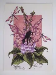 Pink DRAGONFLY FLOWER Faerie FAIRY POSTCARD ART PRINT BY AMY BROWN