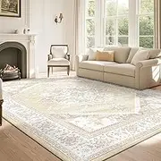 BESTSWEETIE 8x10 Area Rugs for Living Room Washable Non Slip Carpet Low Pile Soft Vintage Print Pattern Rug for Bedroom Dining Room Kitchen Entryway Indoor-Cream/Light Yellow/Brown/Blue/Red/Pink