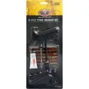SCA Tyre Repair Kit - 8 Piece T-Handle Rasp & Plug Tools 12mL Rubber Cement Tube