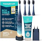 happybrush Eco VIBE 3 Ocean Electric Sonic Toothbrush with 6 Weeks Power Battery Including 3 Toothbrush Heads and BrushforWater Toothpaste Blue