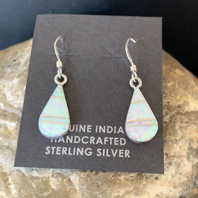 Womens White Opal Inlay Navajo Sterling Silver Dangle Post Earrings 0.5" 12770