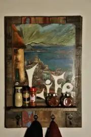 wood spice rack wall mount vintage with towel hangers. Santorini theme