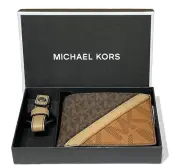 MICHAEL KORS MENS GIFTING SLIM BIFOLD WALLET KEY FOB IN BOX MK BROWN MULTI