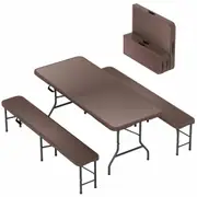 Costway 3PCS Portable Picnic Table Benches Patio Camping Set Outdoor Folding Dining Set Brown