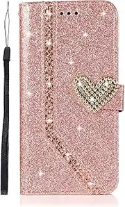 Glitter Leather Wallet Case for iPhone 7 Plus / 8 Plus,Diamond Heart Luxury Bling Card Slots Holder Kickstand Women Girls Folio Sparkle PU Flip Cover for iPhone 7 Plus / 8 Plus-Rosegold