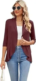 [Famulily] Women's 3/4 Sleeve Summer Cardigans, Lightweight Draped Loose Shawl Blouse Casual Open Front Ruffle Cardigans, Wine, XL