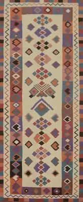 Flat Weave Wool Ivory Kilim Oriental Area Rug Geometric Reversible Carpet 5x14