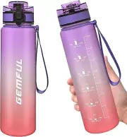 GEMFUL 1L Water Bottle with Motivational Time Marker with Straw Tritan BPA Free