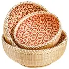 Set of 3 Wicker Woven Storage Basket, Bamboo Bread Basket Round Rattan Servin...