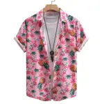 風短袖2023男式襯衫鳳梨粉色夏威夷休閒印花襯衫男士時尚新圖案 YWJ8