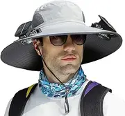 [Generic] Wide Brim Fan Hat - Sun Hat with Brim and Fan Fishing Sun Protection Cap | Breathable Solar Fan Outdoor Fishing Hat, Wide Brim Sun Hat, UV Protection, UPF 50+ UV Protection, Light Gray