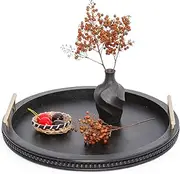 Round Coffee Table Tray,Beaded Wooden Serving Tray with Handles, Black Wood Trays Home Decor,Farmhouse Decorative Tray for Kitchen Counter Ottoman Centerpiece