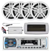 Pyle Bluetooth Marine Radio,Cover, Antenna,Amp w/Kit, 4x 6.5" 180W White Speaker