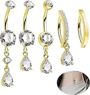[CM Crareesi Mania] Dangle Belly Rings Pack 316L Stainless Steel Belly Piercing Jewelry 14G Belly Clicker Piercing 5PCS Dangly Navel Ring for Women
