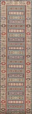 Geometric Super Kazak Light Blue/ Ivory Long Runner Rug 3'x16' Handmade Carpet