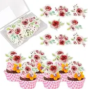 Rsstarxi 60 Pack Happy Valentine's Day Edible Rose Cupcake Toppers Wafer Paper Red Rose Flower Cupcake Picks Decoration for Sweet Love Wedding Valentine's Day Party Cake Decorations Supplies