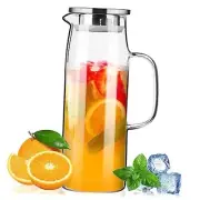 Glass Pitcher with Lid and Spout 50oz/ 1.5L, Hot/Cold Water Pitcher, Iced Tea