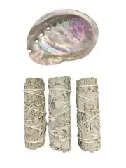 3 x Sage Sticks + Abalone Shell Bowl Smudge Set - White Sage - Cleansing
