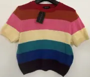 NEW LOOK Rainbow Stripe Short Sleeve Crop Jumper Knot Size M BNWT