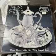 Elegance in Silver Three Piece Coffee Set W Round Tray NEW In Box