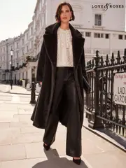 Love & Roses Black Longline Faux Fur Coat (AD7457) | $129