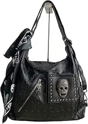 [Downupdown] Women Handbags Purse Shoulder Bags Skull Print Leather Hobo Bag Black Gothic Bag Ladies Satchel with Handkerchief