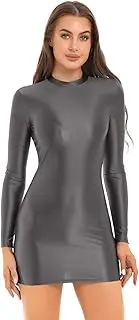 [Bciopll] Womens Glossy Pencil Dress Long Sleeve Mini Bodycon Dress Nightwear Solid Color Smooth Stretchy Mock Neck Tight Dresses Vestidos