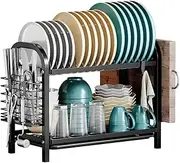 Dish Drying Rack, Dish Rack 2 Tier Metal Dish Rack with Drip Tray, Dish Drainer with Cutting Board Holder for Kitchen Counter, Black