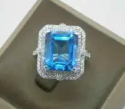 3Ct Emerald Cut Simulated Blue Topaz Anniversary Ring 14K White Gold Over Silver