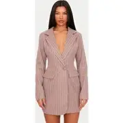 Mushroom Brushed Woven Pinstripe Cinched Waist Blazer Dress, Mushroom