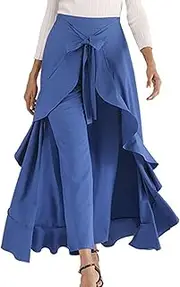 [Generic] Women Double Layer Wide Leg Tie Front Palazzo Pants Maxi Skirts Irregular Ruffle Bow High Waist Long Culottes