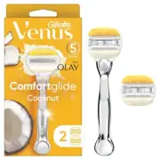 Gillette Venus Olay Comfortglide Coconut Metal Handle 5 Blades 2 Cartridges