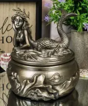 Ebros Beautiful Sunbathing Mermaid Ocean Fishes Round Trinket Jewelry Box