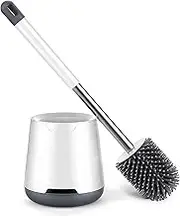 1 Pack White Toilet Brush, Silicone Toilet Brush and Container, Toilet Brush with Quick Drying Holder Set for Bathroom Guest Toilet