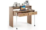 Costway Extendable Computer Desk w/2 Storage Drawers Monitor Shelf Convertible Home Office Writing Table