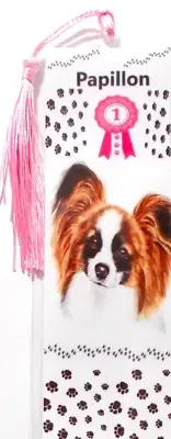 PAPILLON DOG,PAW PRINTS,BLUE RIBBON UNIQUE LAMINATED BOOKMARK