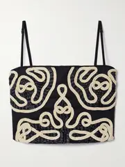 [Johanna Ortiz] Johanna Ortiz - Boat Lines Cropped Appliquéd Straw-trimmed Linen Top - Black - US2 US 2 Black
