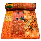 Indian Handmade Assorted Embroidered Orange Patchwork Queen Kantha Quilte Throw